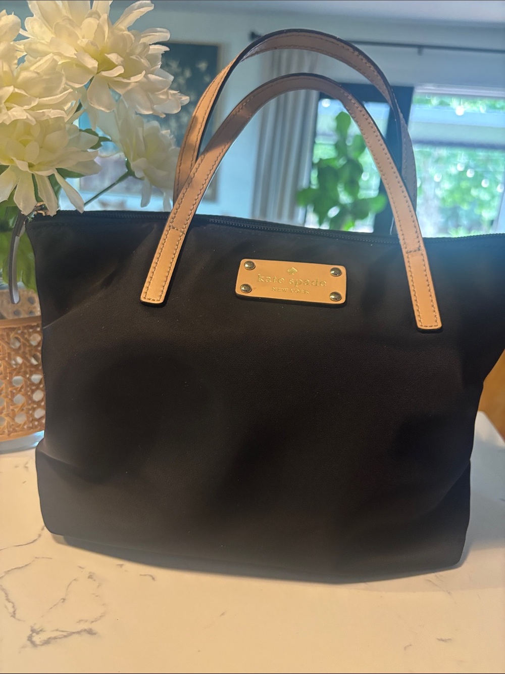 kate spade Black Tote with Tan Handles and Gold Plate
